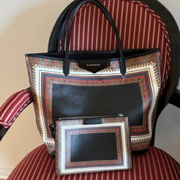 GIVENCHY Black Red & Blue White Scarf Print PVC Leather Tote Bag w inside bag - Picture 3 of 16